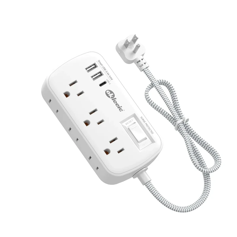 okleeic 2ft Short Power Strip - 6 Outlets + 3 USB (5V/3.4A) Flat Plug