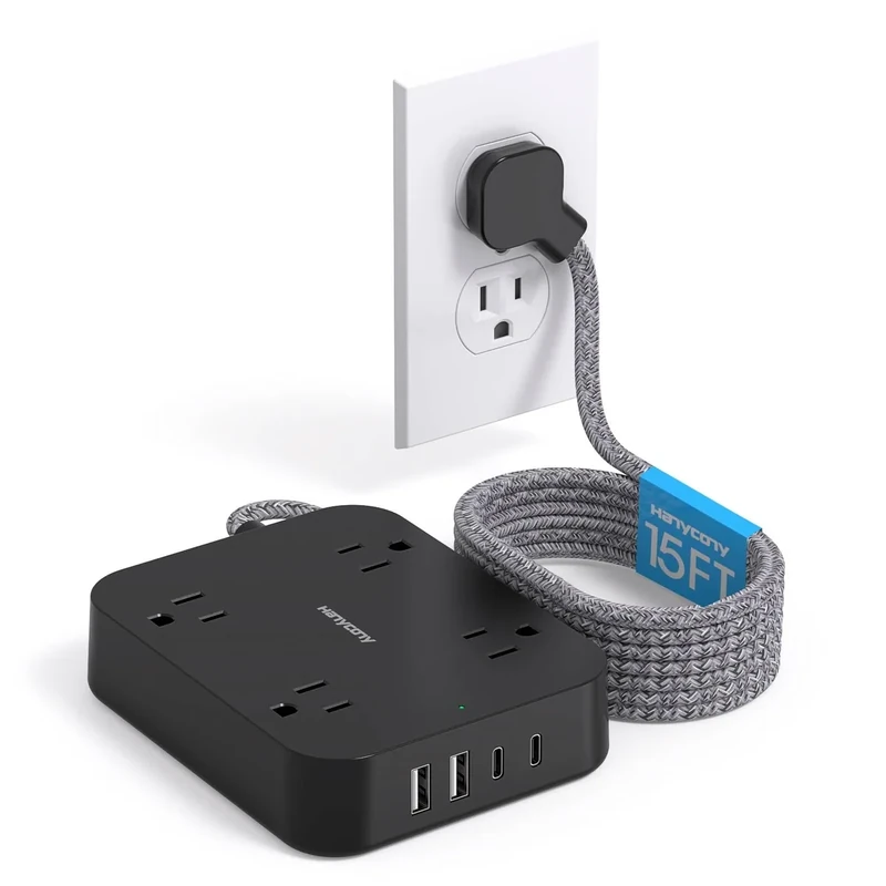 HANYCONY 15ft Black Plug Power Strip - 4 Outlets + 4 USB (2 C)
