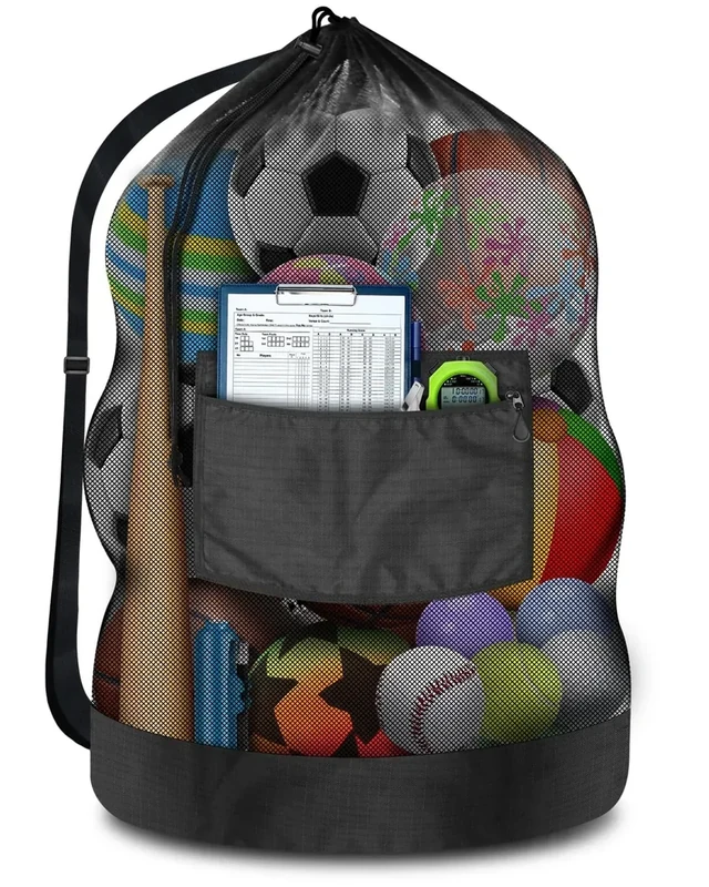 Heavy Duty Soccer Ball Net Bag(100L Extra Large Capacity 10-12Balls), Drawstring Mesh Ball Bag with Zipper Pocket, Sports Equipment Storage Organizer Hold for Gym, Beach, Cloth, Swimming Gears (5)