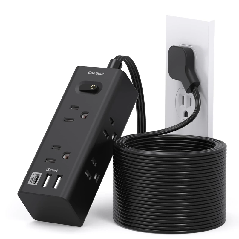One Beat 20Ft Flat Plug Power Strip - 6 Outlets + 3 USB (1 USB-C)