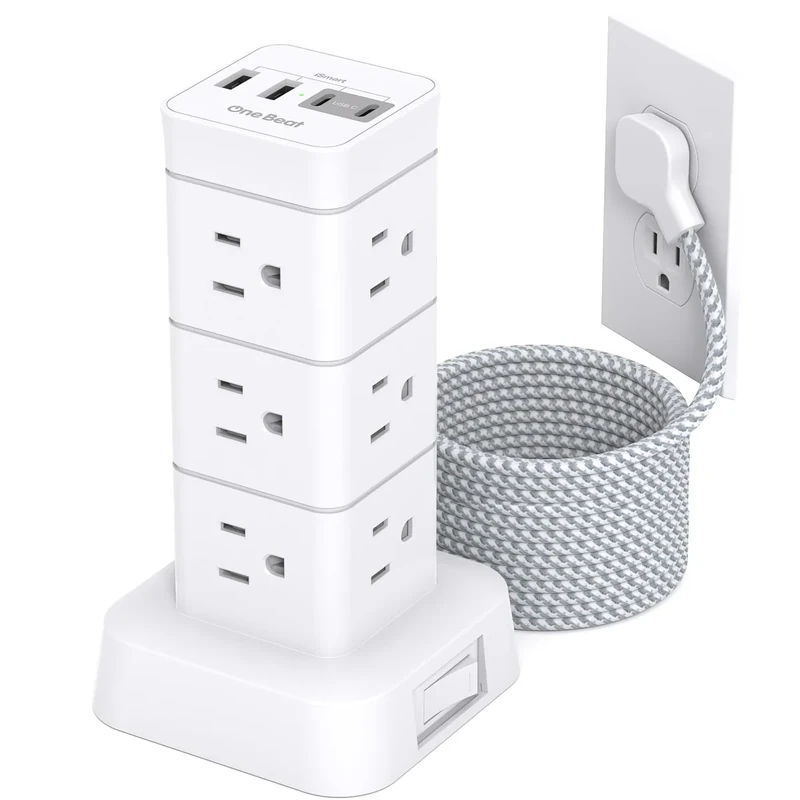 One Beat 10Ft Surge Power Strip Tower - 12 Outlets + 4 USB (2 USB-C)