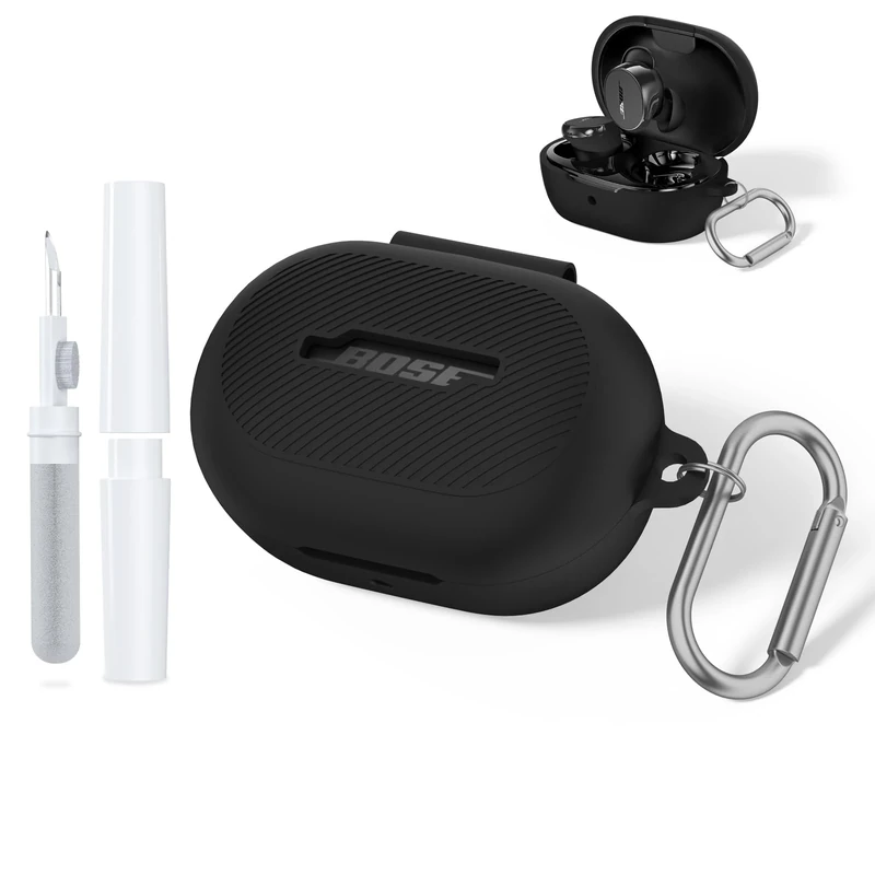 for Bose New QuietComfort Earbuds (2024) Case Cover with Cleaning Kit, Soft Silicone Protective Earbuds Case with Carabiner, Logo and Front LED Visible (Black)