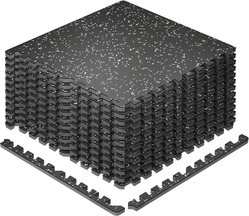 SUPERJARE 0.79'' Extra-Thick Exercise Equipment Mats, 12 Pcs 48 Sq Ft Rubber Top Floor Tiles with High Density EVA Foam, Interlocking Gym Flooring for Home Gym, Workout Mat, Black/Grey