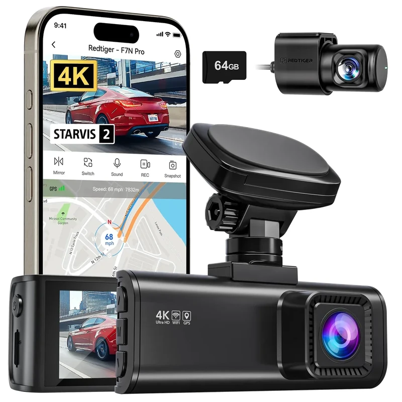 REDTIGER F7N Pro 4K Front & 1080P Dash Cam - 64GB WiFi GPS, 170 Wide