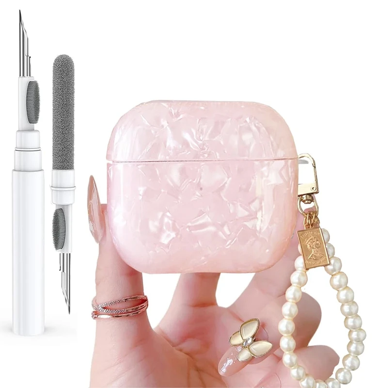 Olytop for Cute Glitter Airpods 4 Case 2024 with Cleaner Pen, Shell Pattern Apple Airpods iPod 4th Generation Case Cover Protective Skin Girl Women with Luxury Pearl Keychain, Pink
