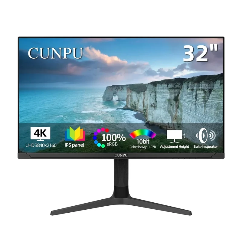 CUNPU 32 inch 4K UHD (3840 x 2160) Monitor IPS Ultra-Thin Computer Monitor 60Hz sRGB 100% Built-in Dual Speakers HDR10 VESA DisplayPort HDMI Height/Tilt/Pivot Adjustment