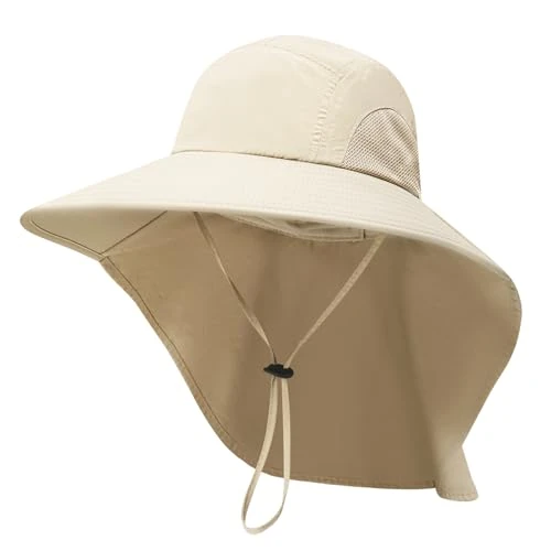 PFFY Sun Bucket Hats for Men Women Fishing Hat UV Protection Wide Brim Beach Safari Hat with Neck Flap Solid Beige