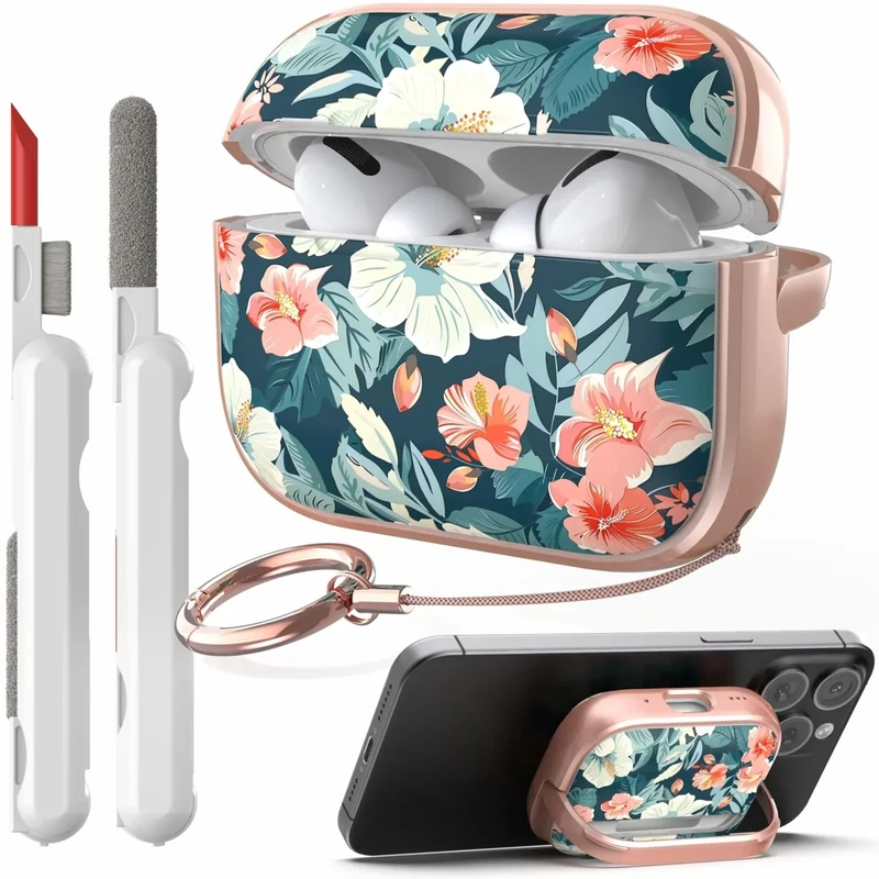 TATOFY Lock Case for Airpods Pro Case, Flowers Hard iPod Pro Cover for Women Girls with Phone Stand Cleaner Kit (Blue, AirPods Pro 2 & Pro)