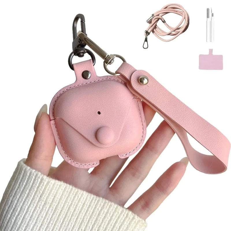 ChouXiLin Genuine Leather Case for AirPods 4 - Stylish Shockproof Cover with Adjustable Neck Lanyard & Detachable Wrist Strap, Secure Lock Clasp - Travel-Friendly Pink Protective Case for Women Girls