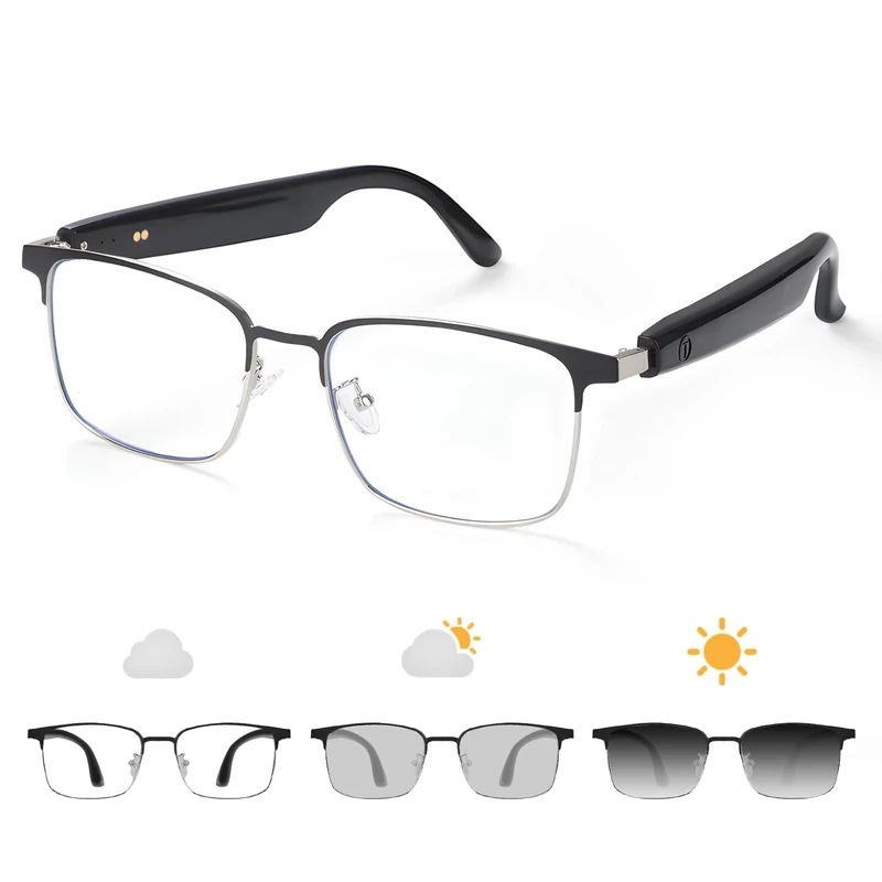 Bluetooth Audio Smart Glasses, Blue Light Glasses for Women Men, Remote Shooting, Open Ear Sound Mic & Speakers, Magnetic Charging, Color-Changing Polarized Sunglasses Lenses, Voice Assistant（GS06S)