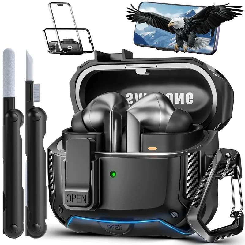 MCTOPZO with Phone Stand for Samsung Galaxy Buds3 FE (2025) / Buds3 Pro (2024) / Buds 3 Case (2024),with Secure Lock Clip & Cleaning kit Full Body Shockproof Carbon Fiber Protection Design