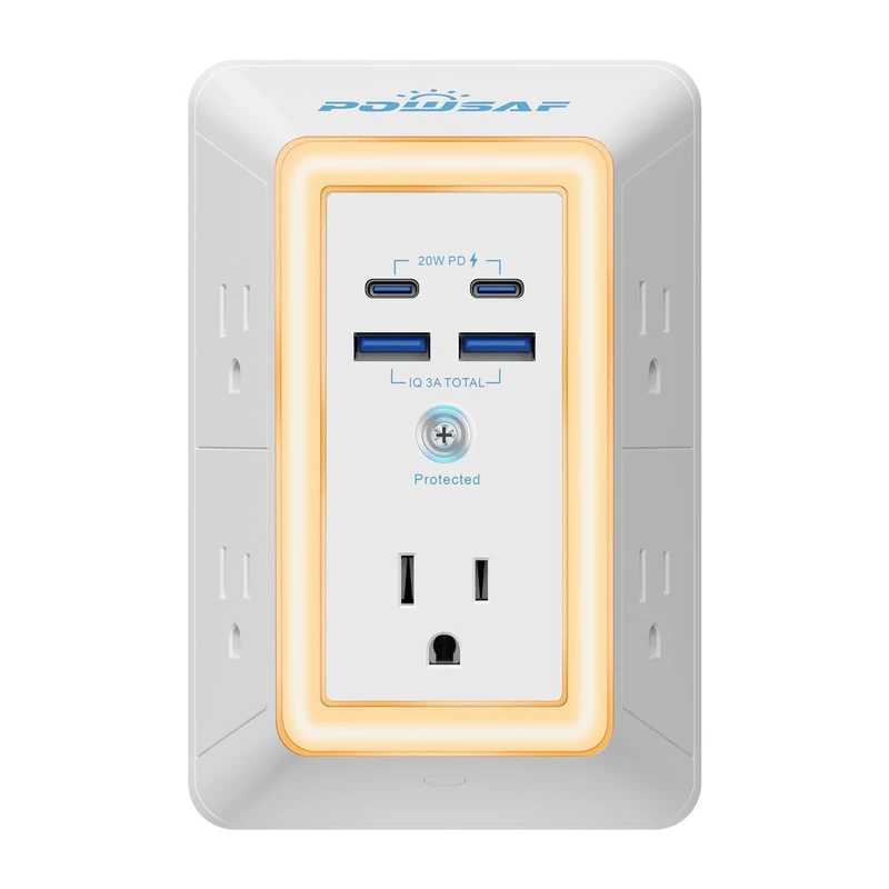 POWSAF 5-Outlet with 4 USB Ports, USB PD 20W, Night Light-ETL