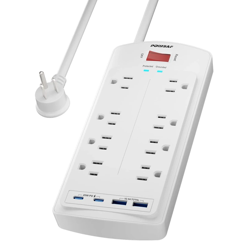 POWSAF 8-Outlet Surge Protector 5ft Plug, 2 USB-C 20W, 2 USB-A, 2700J