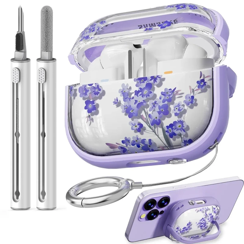 Inesore with Safety Lock for Samsung Galaxy Bud Pro 3 Case/Galaxy Buds 3 Caseswith Cleaner Kit and Keychain, Cute Floral Buds Pro 3 Case Cover forWomen Girly- Purple Bell Flower