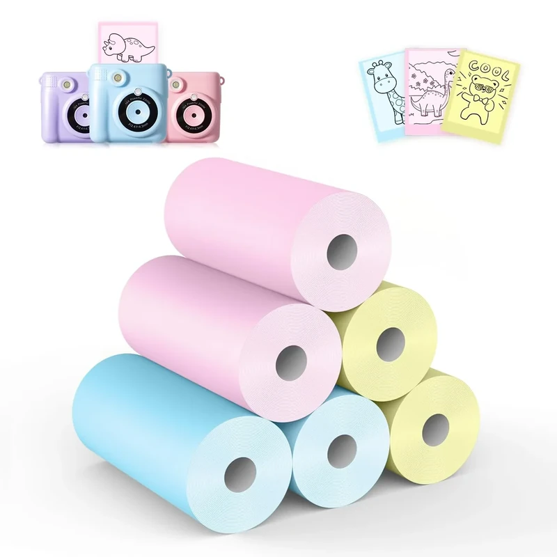 6 Rolls Kids Camera Instant Print Refill Paper Set, Phetium HD Printing Thermal Paper for Most Kids Instant Camera Photo Print (2*Pink, 2*Blue, 2*Yellow)