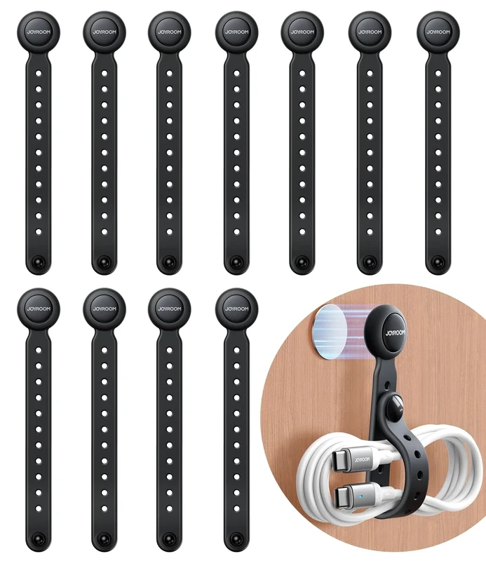 JOYROOM Magnetic Cable Ties with Magnets for Bundling & Cable Management– Reusable Silicone Cord Ties Multi-Purpose Cord Organizer Cable Clips for Home, Office & Travel (12-Pack,Black)