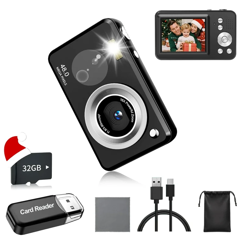 Digital Camera, FHD 1080P Point and Shoot Kids Camera, with 32GB Card,16X Zoom Anti Shake,48MP Compact Portable Small, for Starter Kid Children Teen Student Girl Boy