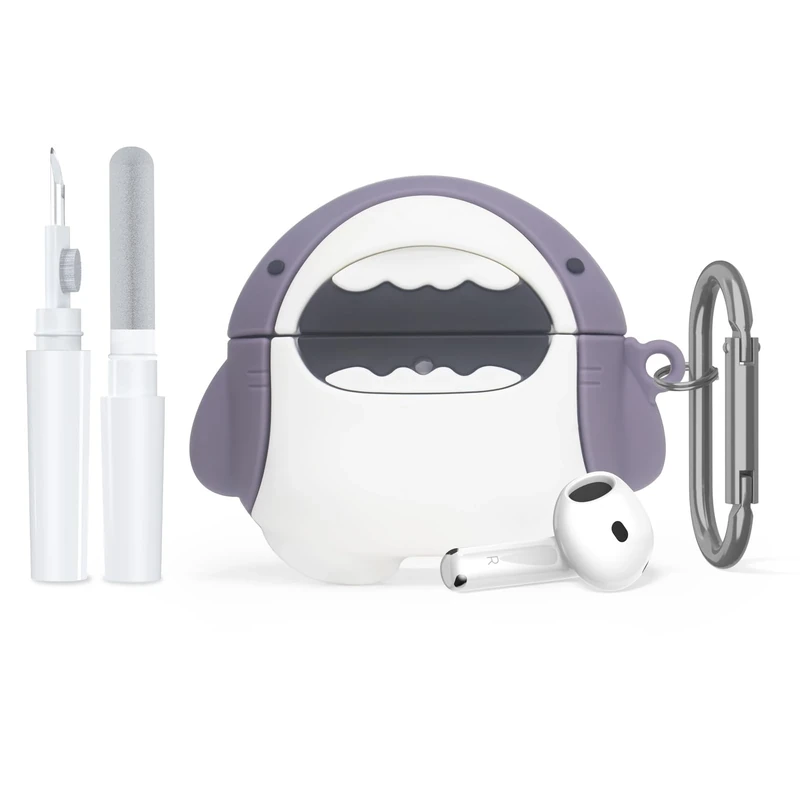Cute Animal Anime AirPods 4 case Cover, 3D Cartoon Funny Silicone Shockproof Protective Case Compatible with AirPods 4th Generation Case Cover with Carabiner & Cleaner Kit, Big Mouth Shark - Image 1