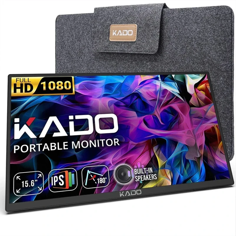 Kado Portable Monitor 15.6-Inch FHD 1080p, 45W Reverse Charging USB-C mini-HDMI Gaming Monitor IPS Display Built-in Speakers, Second Display 180° Kickstand for Laptop PC Phone Mac Xbox PS4/PS5 Switch