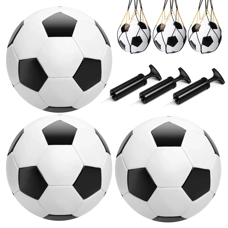 Soccer Balls Size 4 for Kids 8-12 - Set of 3 Soccers and 3 Pumps - Official Size & Weight - Classic Indoor Outdoor Soccers Soft Cover and Durable - Ideal Gifts for Kids Boys Girls 8 9 10 11 12 Years
