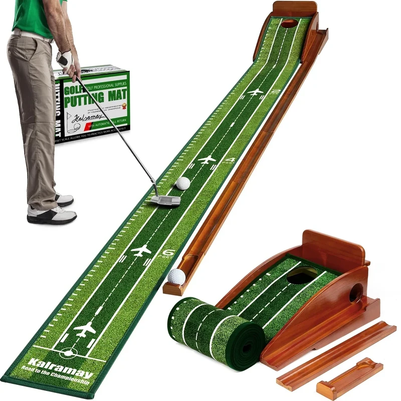 Kalramay Putting Green Indoor Golf Putting Mat – Easy to Assemble with Automatic Ball Return, Wrinkle-Free Close to Real Green Speed, Suitable for Office, Recreation Room, Patio