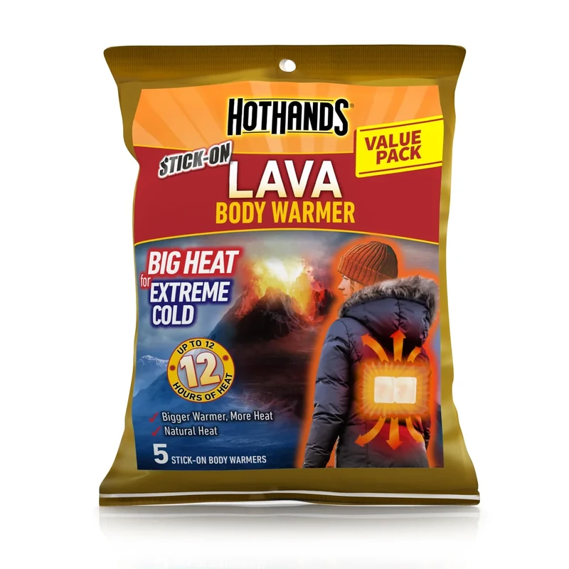 HOTHANDS LAVA - Body Warmers - Up to 12 Hours of Consistent Heat - Bulk Value Pack of Air Activated Warmers - 5 Individual Warmers - Value Pack - Big Heat for Extreme Cold