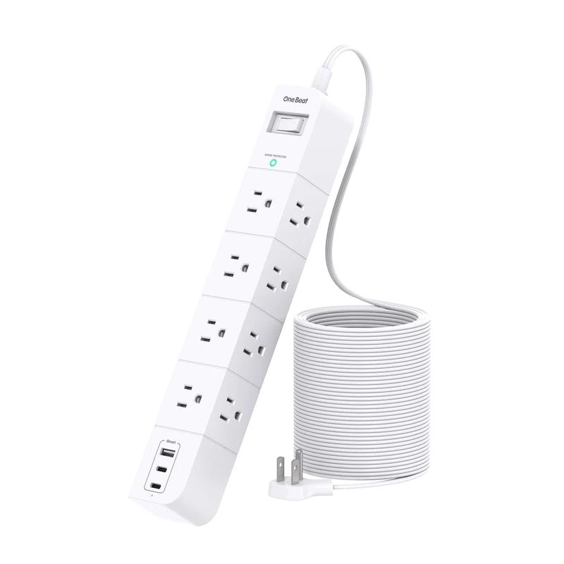One Beat 15 ft Flat Plug Surge Protector - 8 AC Outlets + 3 USB