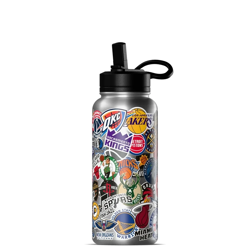 Hydrapeak x NBA Officially Licensed All Team Sticker Print 32 oz Insulated Water Bottle with Straw Lid and Handle