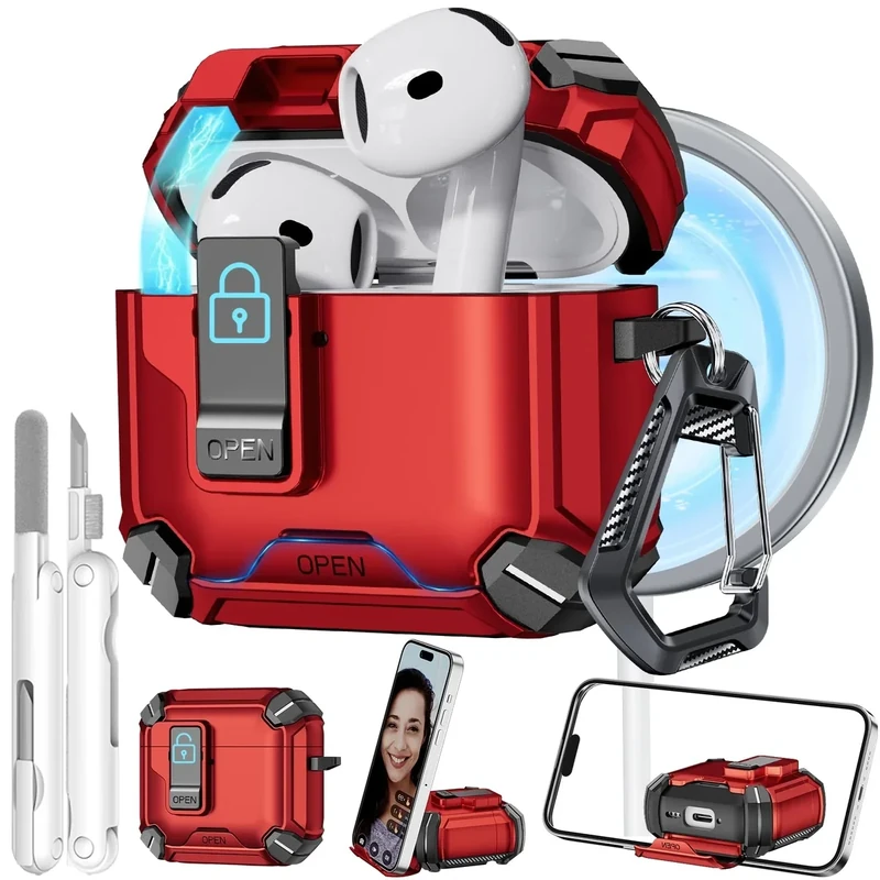 for AirPods 4 Case, Built-in Invisible Bracket Secure Lock Case [Compatible with MagSafe] for AirPods 4th Generation 2024 wiht Cleaning Kit, Auto-Open, Military Grade Protective (Red)