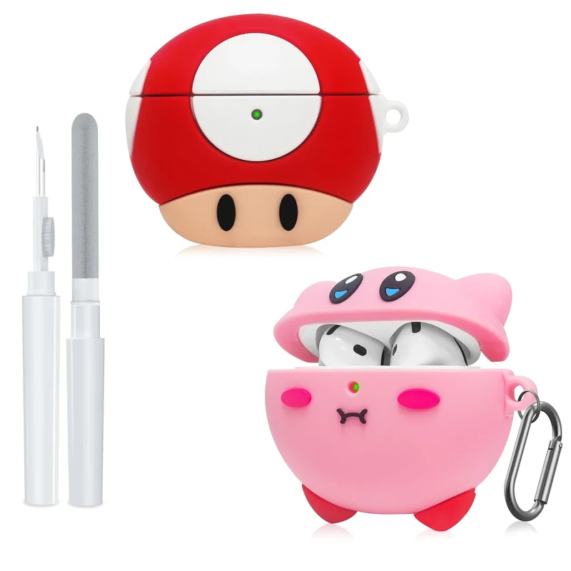 2 Pack Cute Case for AirPods 4th Generation Case, Anime Funny Soft Silicone Cover with Cleaning Kit & Keychain, Shockproof Protective Cover for Kids Women, for Apple AirPods 4 2024, Pink & Red