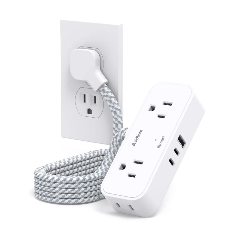 Addtam 6ft Travel Power Strip - 4 Outlets, 3 USB (2 USB-C), Flat Plug