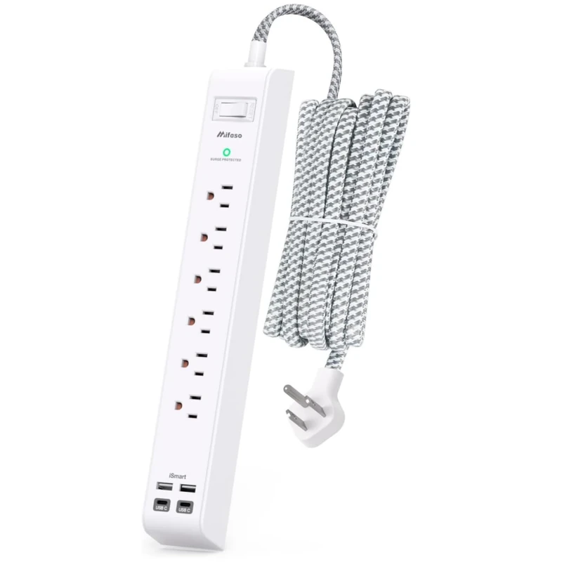 Mifaso 25FT Plug Extension - 6 AC Outlets, 4 USB Ports, 1080J Surge