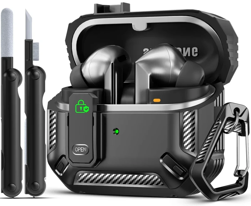 MCTOPZO Lock Fit Designed for Samsung Galaxy Buds3 FE (2025) / Buds3 Pro (2024) / Buds 3 Case (2024),with Cleaning kit Full Body Shockproof Carbon Fiber Protection Design