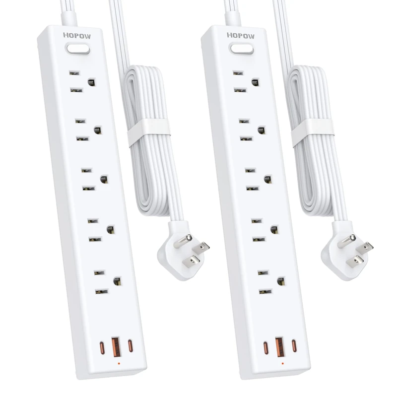 HOPOW Power Strip Surge Protector, 2 Pack, 6 Ft Ultra Thin Flat Extension Cord, Surge Protector with 5 Outlets & 3 USB Ports (2 USB C), 1700 Joules, 3-Prong, Wall Mount for Home Office Dorm, White