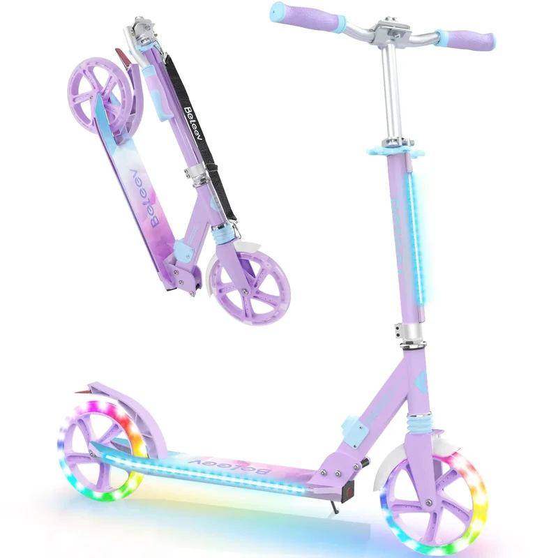 BELEEV V8 Scooters for Kids Ages 6+ with Light-Up Wheel & Stem & Deck, 2 Wheel Folding Scooter for Adults Teens, 4 Adjustable Height, Lightweight Sport Commuter Scooter, up to 220lbs(Light Purple)