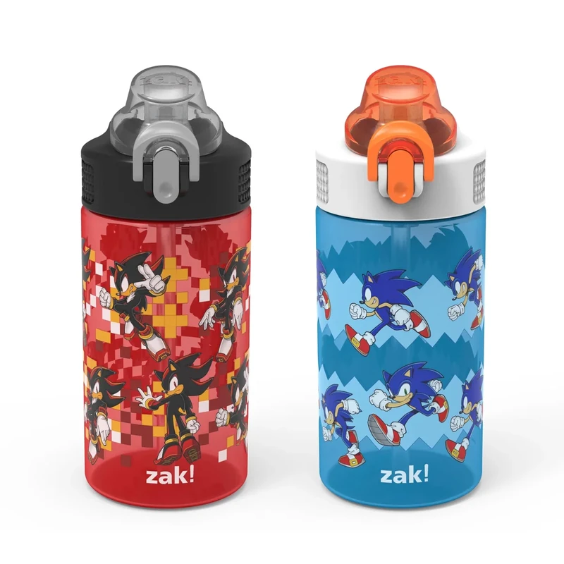 Zak Designs Sonic the Hedgehog Sage Kids Water Bottle For School or Travel, 16oz Durable Plastic Water Bottle With Straw, Handle, and Leak-Proof, Pop-Up Spout Cover, 2-Pack Set (Sonic & Shadow)