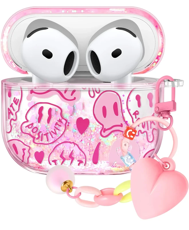 Kokaaee for Apple for Airpods 4 Case 2024 - Quicksand Liquid Cute Fun Funny Kawaii Mujer Girl Women Sparkling Sparkle Glitter Bling Sparkly Smiley Face Y2K Keychain Girly for Airpod 4 Case Cover
