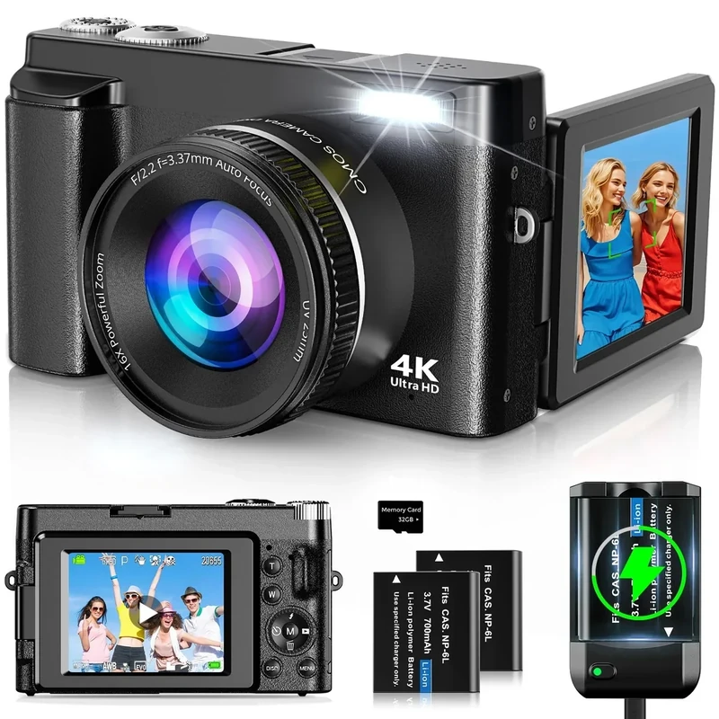 Oiadek 48MP 4K Camera - 180deg Flip Screen, 16X Zoom, SD Card (Black)