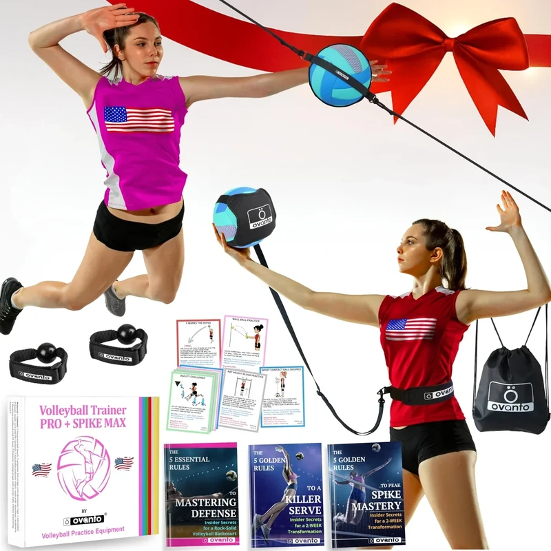 OVANTO Volleyball Training Equipment Aid – Adjustable Practice Hitting Rebounder with Ultra-Stretch Neoprene, Exclusive Elastic Cords & Premium Content, Improve Power, Speed & Technique at All Levels