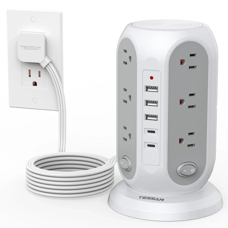 TESSAN Tower Power Strip - 12 Outlets, 5 USB (2 USB-C), 10ft, 1250W