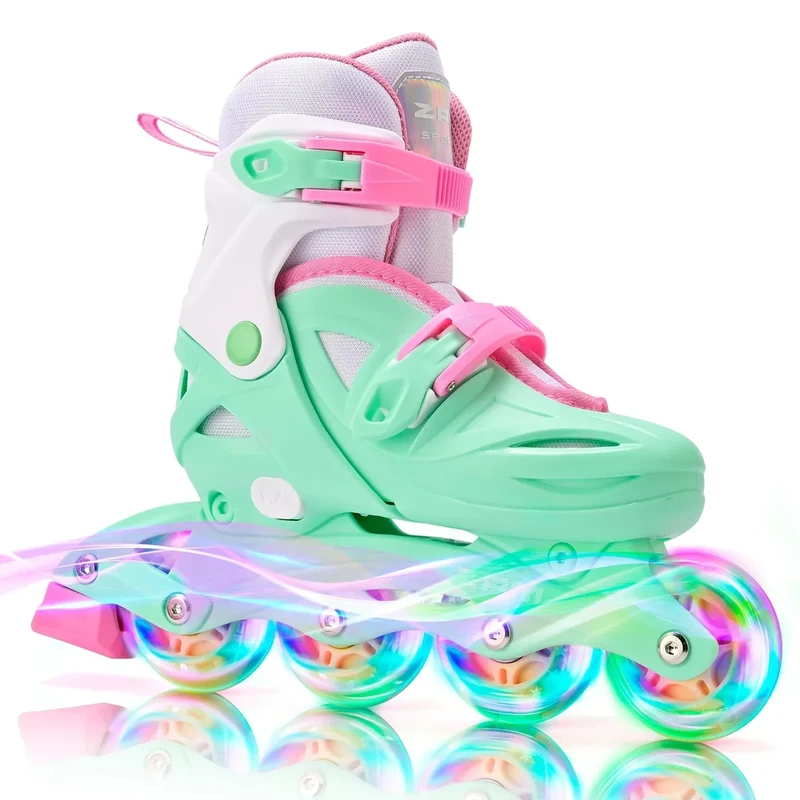 2PM SPORTS Girls Adjustable Illuminating Inline Skates with Light up Wheels, Fun Flashing Beginner Roller Skates for Kids - Green Medium