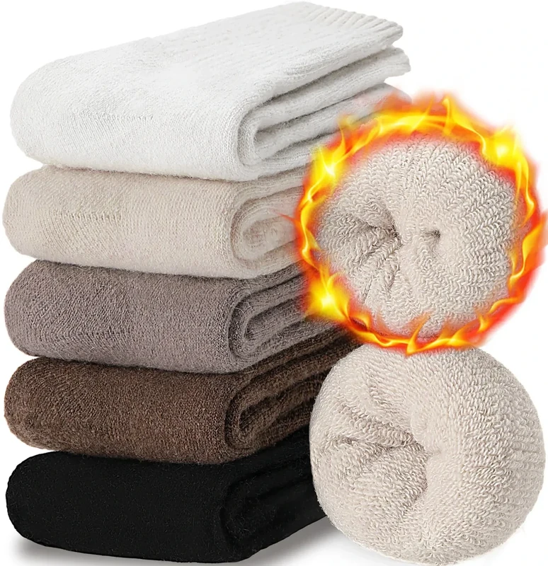 EBMORE Merino Wool Boot Socks Warm Thermal Winter Thick Hiking Cozy Boot Crew Comfy Socks 5 Pairs for Women Gifts Stocking Stuffers(Beige/White/Black/Khaki)