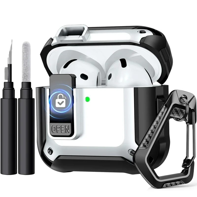 Charlam AirPods 4 Case, Full Drop Protection with Secure Lock Design, Cleaning Kit & Keychain, Shockproof for Men Women, White