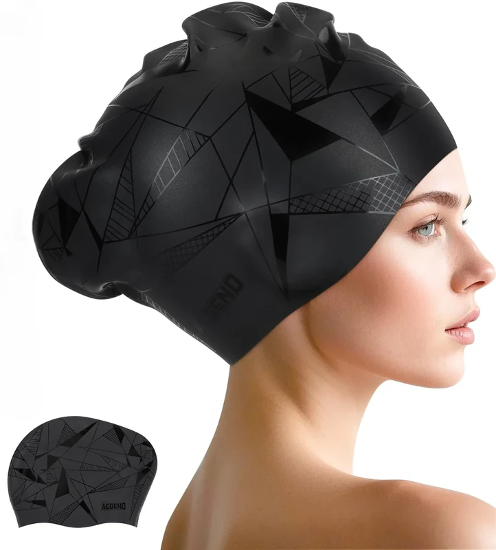 Aegend Swim Caps for Long Hair, Durable Silicone Swimming Caps for Women Men Adults Youths, Easy to Put On and Off, Waterproof Swim Hats Bathing Caps to Keep Hair Dry, 1 Pack, Black Geometry
