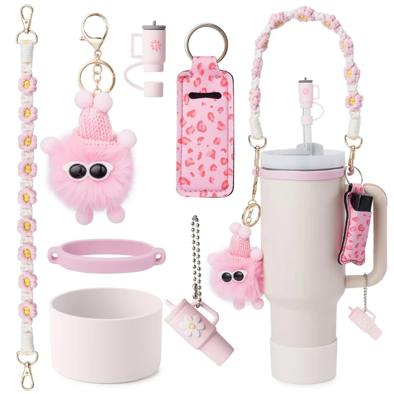 Stanley Cup Accessories Set I Water Bottle Handle Strap, Silicone Cup Boot, Butterfly Sticker, Ball Hanging Charms & Handle Charms,Bow Straw Topper Accessories for Stanley Cup 40oz/30oz