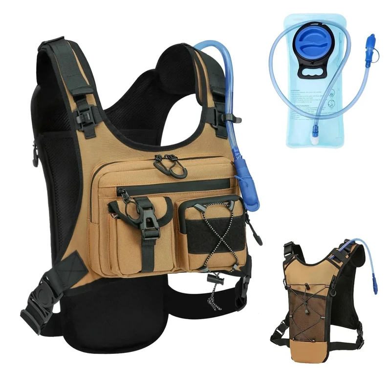 Criuage USA Original Patent Running Hydration Vest Backpack, Lightweight Chest Pack with 2.0L Water Bladder Bag Daypack for Hiking Running Cycling Race Marathon for Women Men (Khaki, Standard)