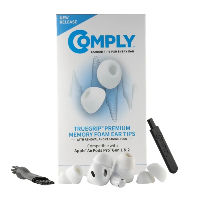 Comply TrueGrip | Premium Memory Foam Replacement Earbud Tips for Apple AirPods Pro 1 & 2 | Enhanced Comfort, Secure Fit, Superior Noise Isolation, Removal & Cleaning Tool | White, Medium (3 Pairs)