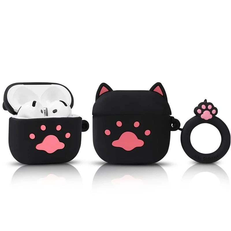 LEWOTE Compatible with Apple Airpods 4 Case Protective Funny Cute Cartoon Slim Cover with Keychain (Black Cat)