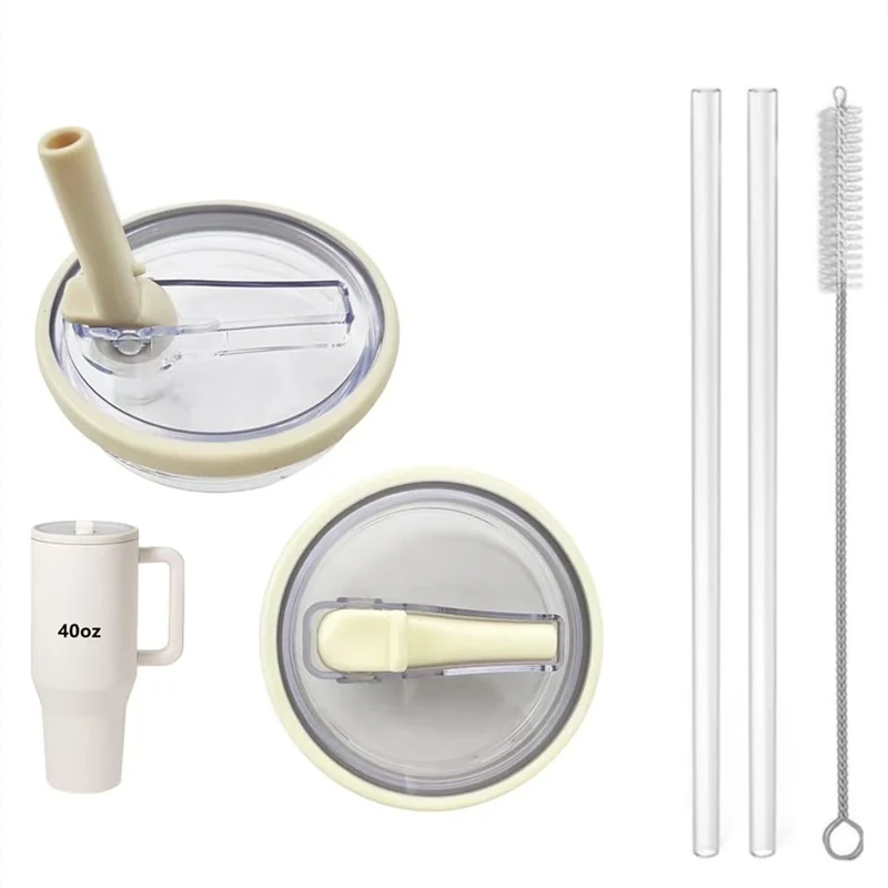 2 Pack 40 oz Tumbler Flip Straw Lid Replacement fit for HydroJug(Only), Spill Proof Splash Resistant Tumbler Lids,Reusable Leak Proof Tumbler Cover for Cup Accessories (Cream)