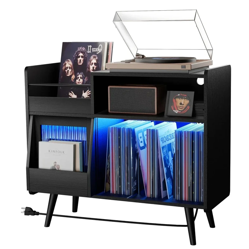 Large Record Player Stand with Sliding Door,350 Vinyl Record Storage Cabinet, Record Player Table with Power Outlet and LED Light,Turntable Stand with Wood Legs for Living Room,Bedroom,Office